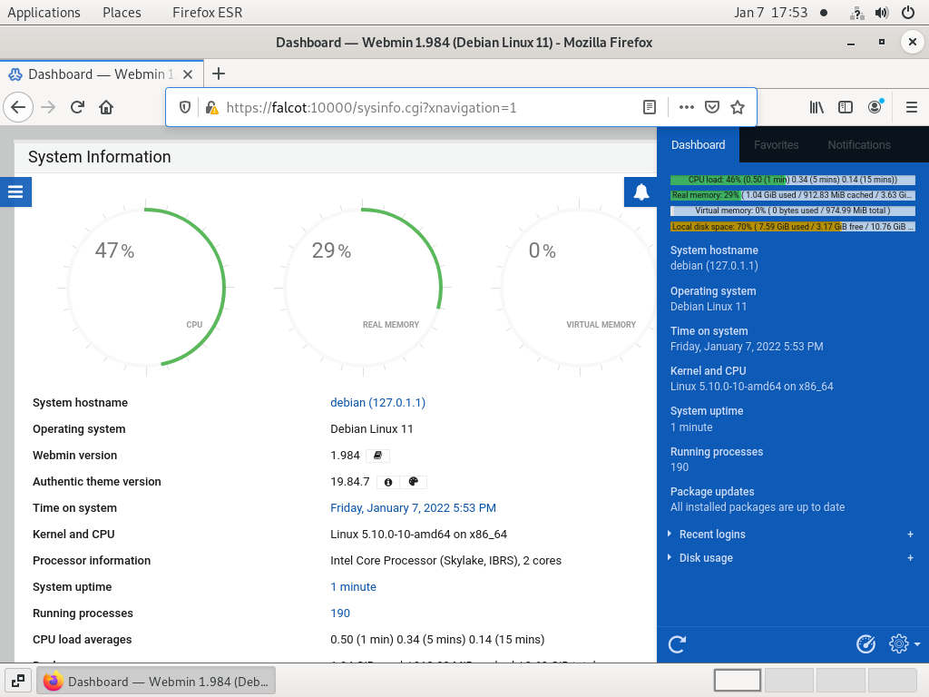 Webmin dashboard